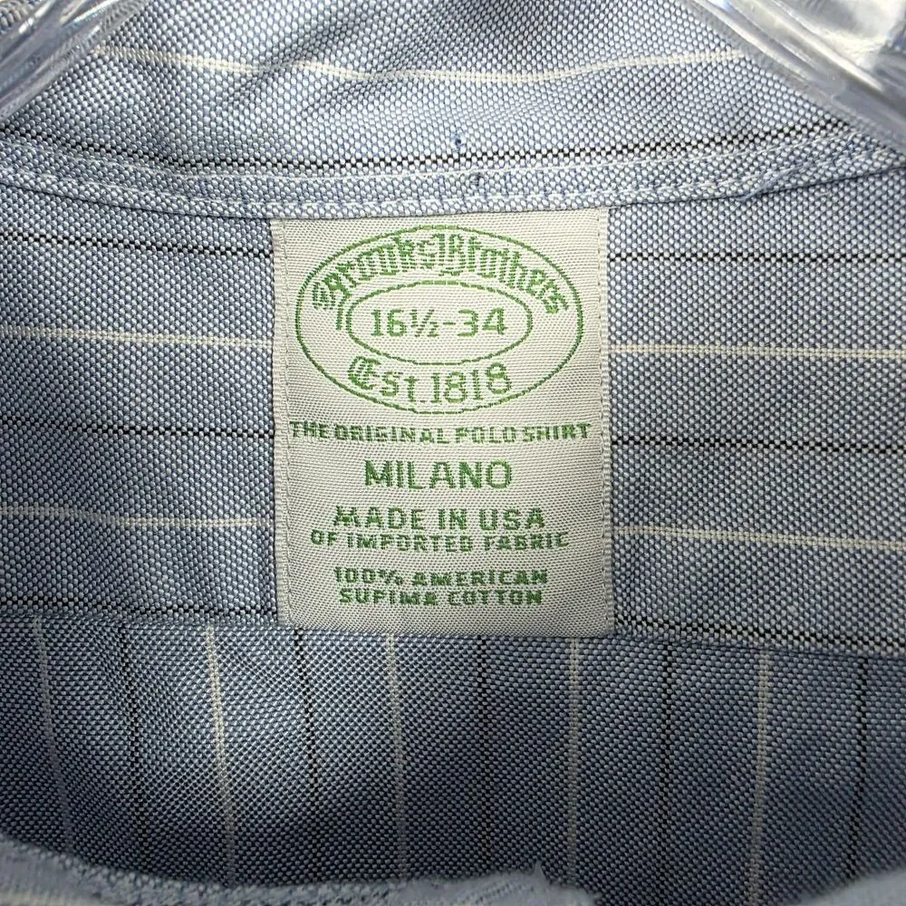 Brooks Brothers Dress Shirt Men's 16.5 34 Blue Stripe Milano Made in USA